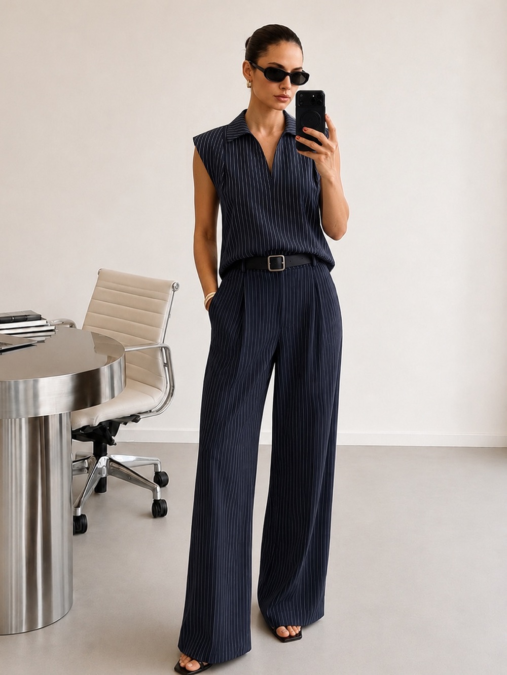 Navy  Pinstriped Sleeveless Shirt & Pants Set Business Set Small NWT